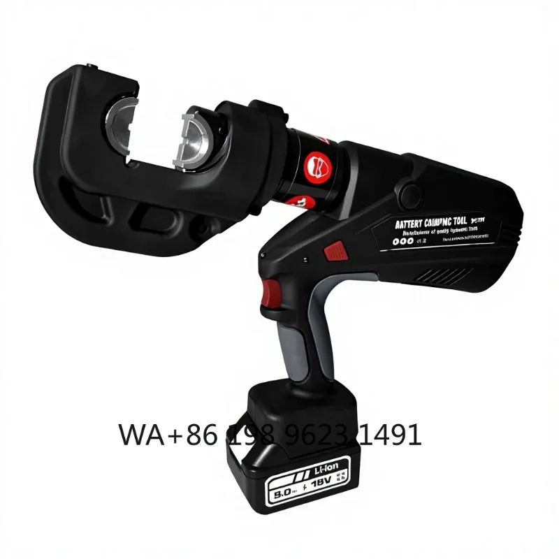 Heavy-duty rechargeable hydraulic crimp tool, 18V power supply for stable copper terminal cable crimping operation.