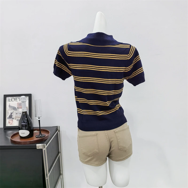 2025 verão listrado camisola camisetas femininas letras bordadas manga curta malhas camisetas elegantes moda senhoras jumpers
