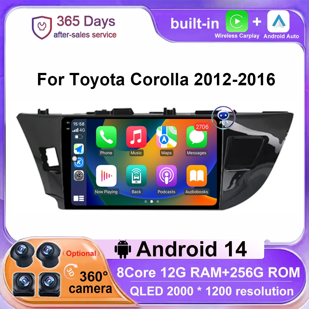 

Auto Carplay For Toyota Corolla 2012-2016 Cooling Fan Android 14 Car Radio Multimedia Video Player BT 4G WIFI Navigation GPS RDS