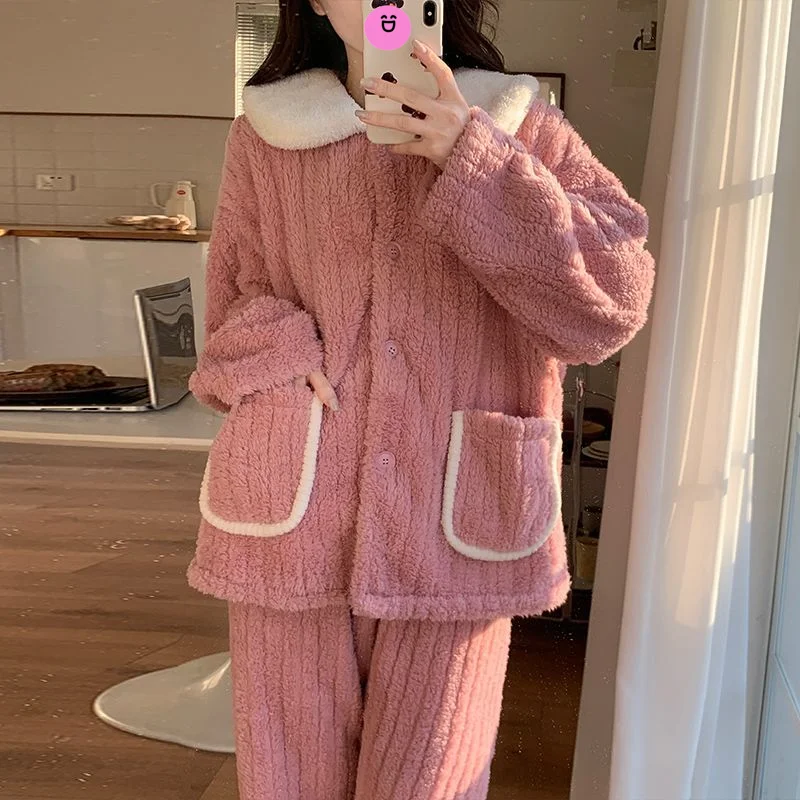 

Женский пижамный комплект из кораллового флиса, фланелевая минималистичная зимняя теплая одежда для сна, уютная удобная домашняя одежда на флисовой подкладке, осень