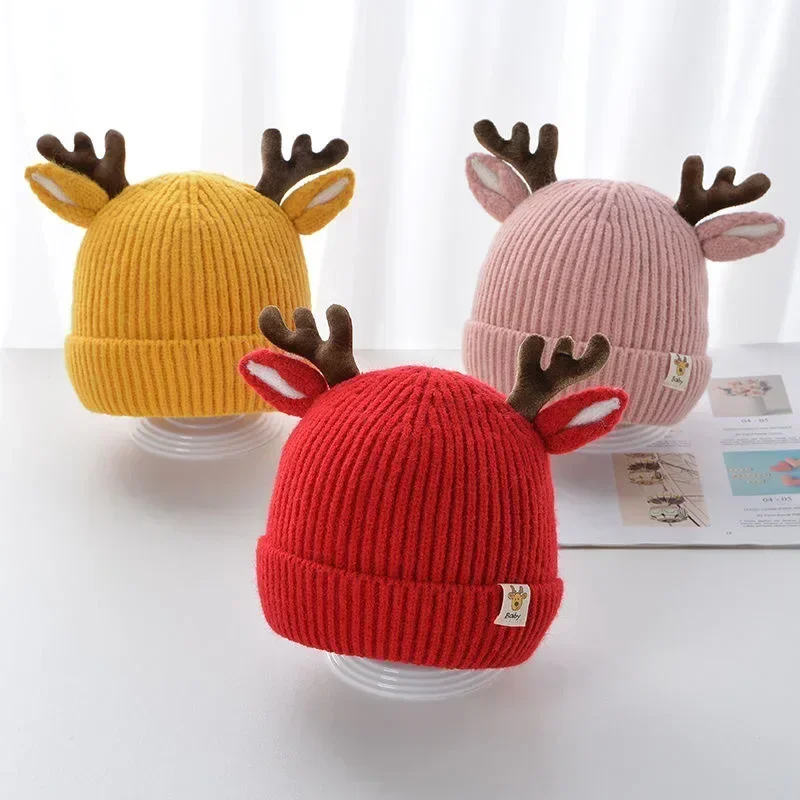 Autumn Winter Knitted Baby Beanie Cute Deer Ear Thick Warm Hat Solid Color Baby Girl Boy Ear Protection Cap Christmas Gift