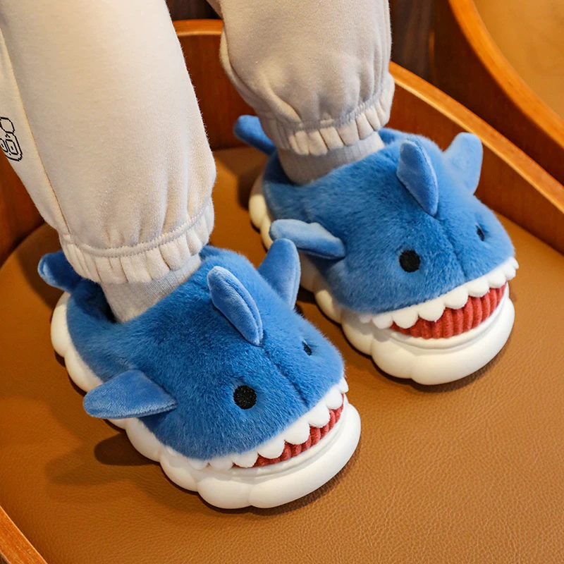 Winter Cute Cartoon Shark Cotton Slippers Children\'s Non-slip Soft Sole Slides For Kids Girls Baby Boys Warm Plush Home Shoes