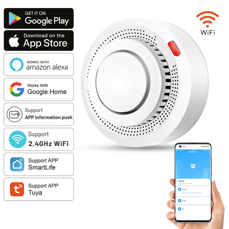 Sensor de Fumaça Inteligente Tuya WiFi, Detector de Fumaça para Proteção Contra Incêndio, Sistema de Segurança com Som de 85dB, Controle pelo APP Smartlife