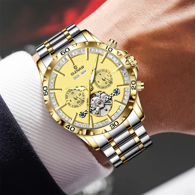 GLENAW Men Watch Business Multi functional Waterproof Calendar Classic Watch Luxury Automatic Mechanical Skeleton Men's Watch