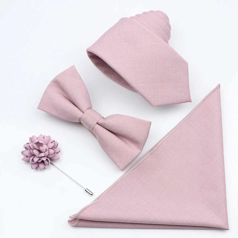 Men’s Bamboo Fiber Tie Brooch Set Soft Anti-wrinkle Necktie Bowtie Pink Blue Ties For Business Wedding Party Suit Accessories