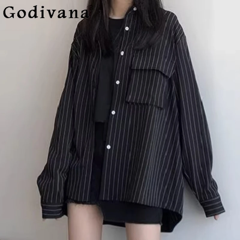 

Spring Autumn Dark Versatile Striped Pocket Loose Shirt Girl 2025 New Black Long Sleeve Versatile Turn-down Collar Cardigan Top