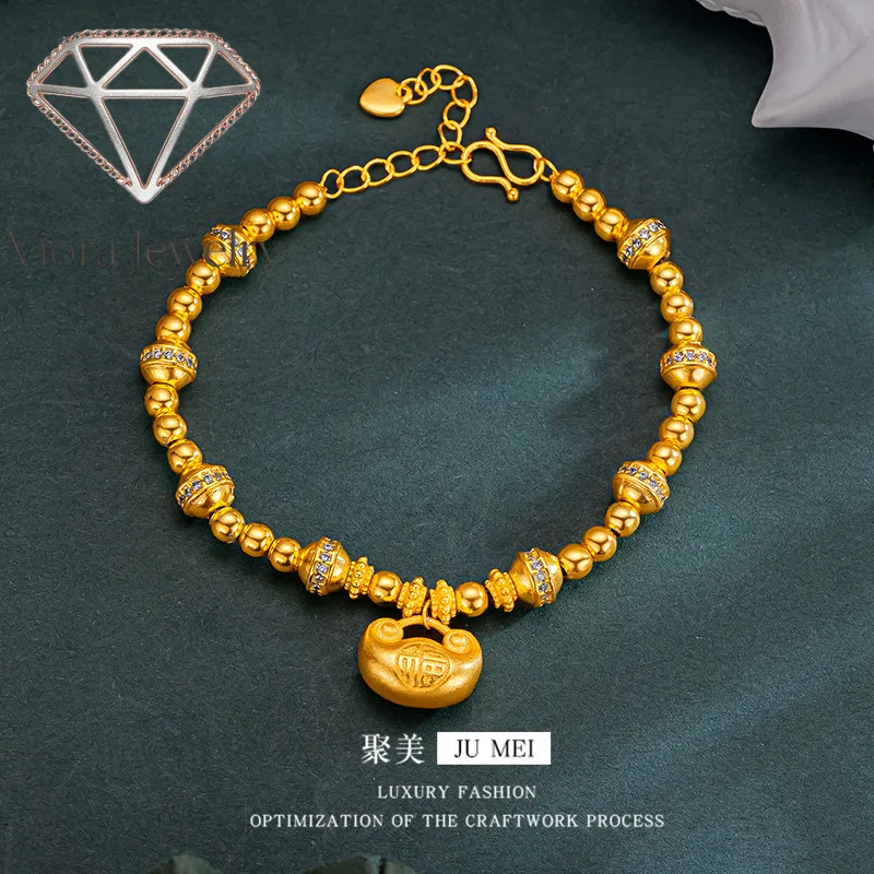 Viora Jewelry New Chinese style 24K real gold Ruyi gold lock bracelet Fuzi Jintuo 9999 diamond inlaid bracelet versatile and hig