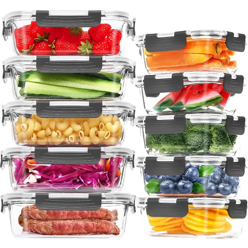 10-Pack Glass Meal Prep Containers, Food Storage Containers with Snap Locking Lids, Airtight Bento Boxes for Microwave