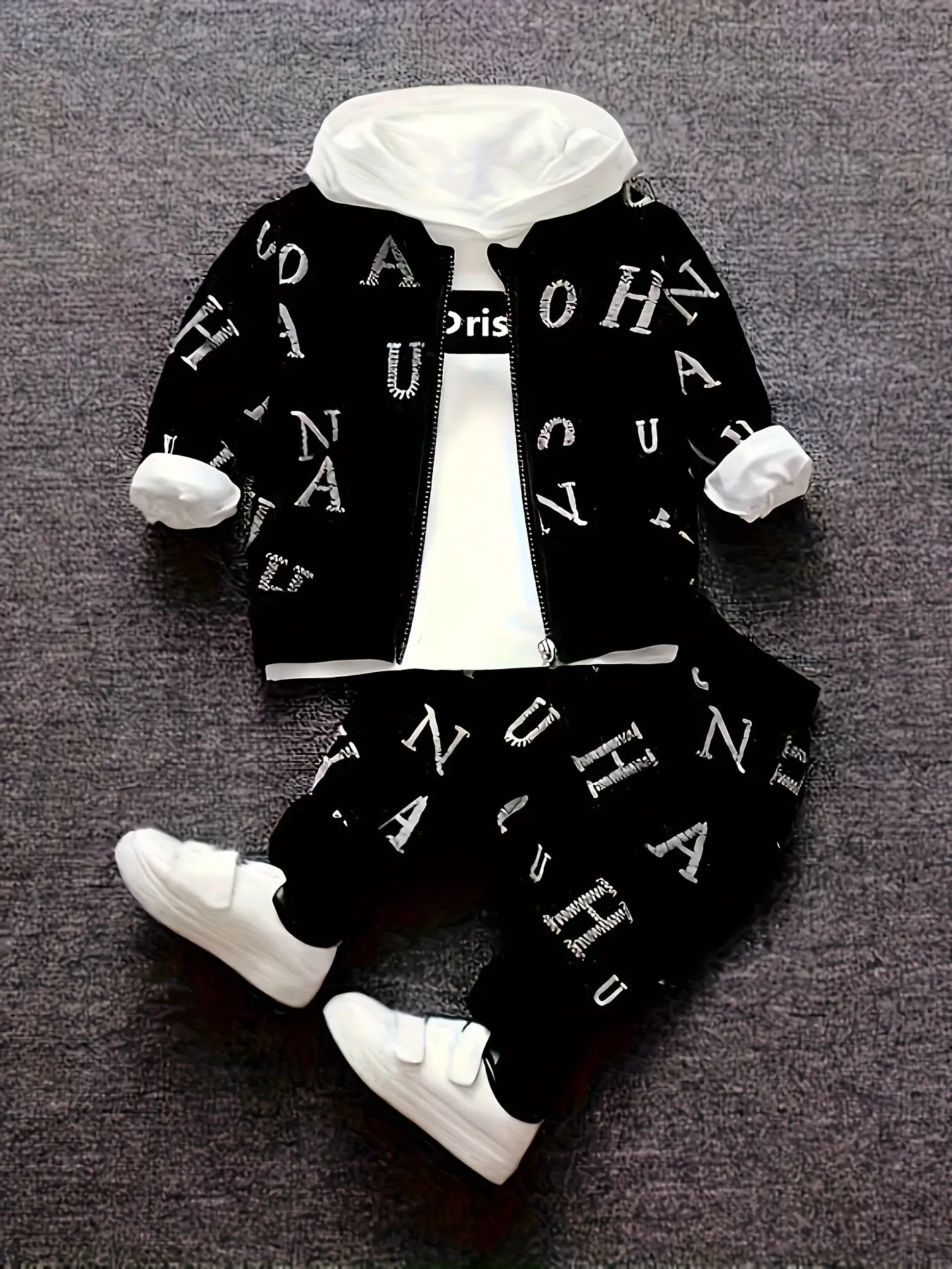 

Spring and Autumn Boys' New Fashionable Trendy Full Body Letter Coat Hooded Hoodie Men's Baby Pants 3-Piece Set