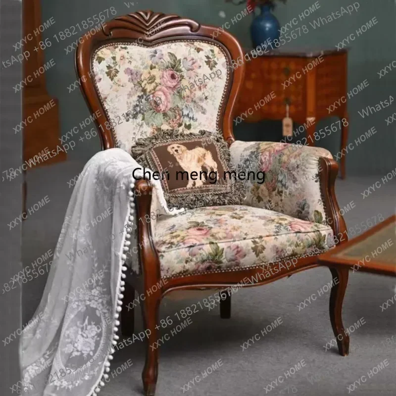 pastoral solid wood vintage single sofa floral lounge chair reception chair