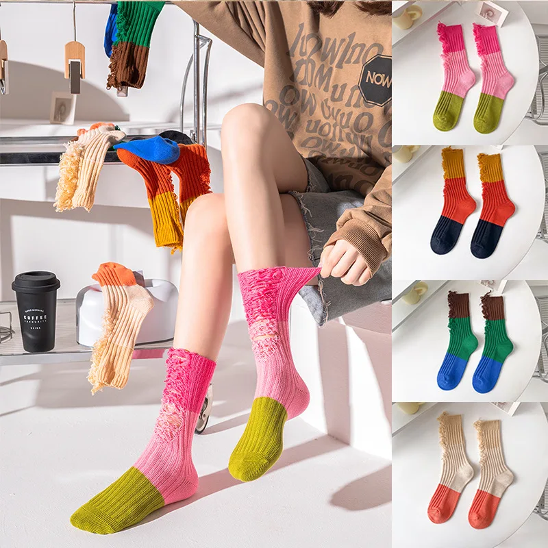 Women's Spring Autumn Splicing Socks Candy-colored holes socks Mid-Calf Home Socks Simple Floor Socks Funny Hip-hop Street Skate