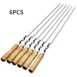 BBQ Skewer Stainless Steel Shish Kebab BBQ Fork Set Long Flat Wood Handle Barbecue Needle Meat Grill Outdoor Tools 6pcs