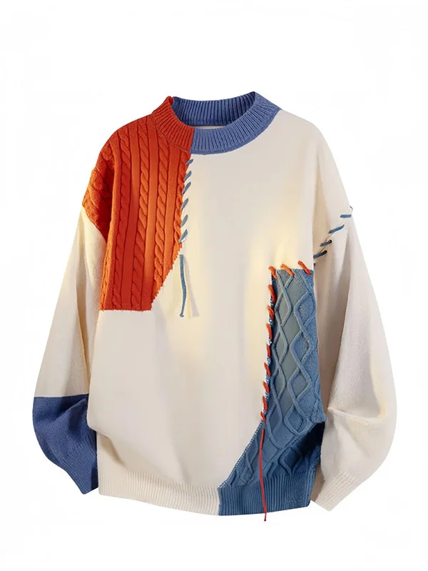 

Мужской вязаный свитер с круглым вырезом, модный осенне-зимний пуловер из толстой пряжи с винтажным текстурным дизайном и цветовыми блоками