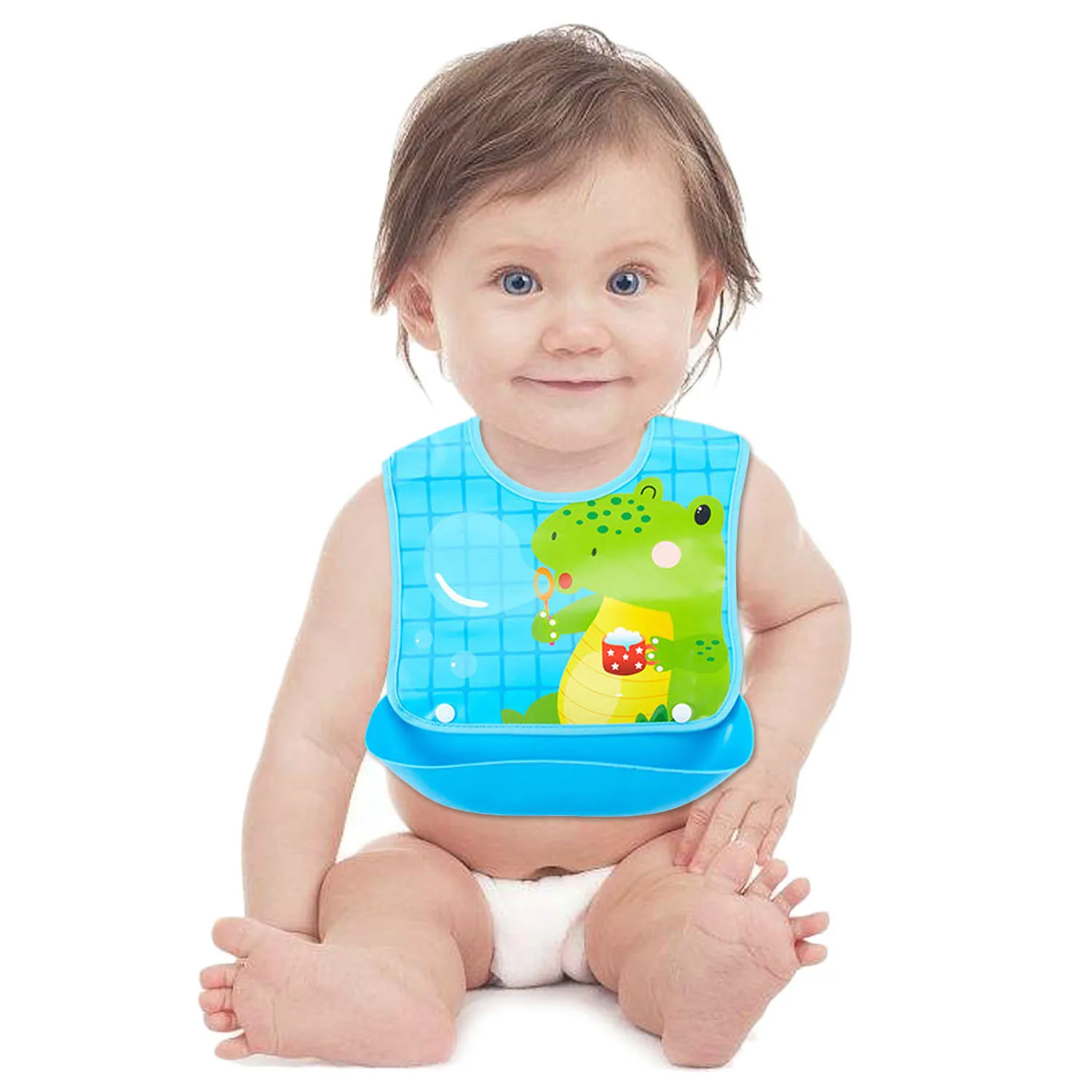 Cute Cartoon Waterproof Baby Infant Toddler Kids Bibs with Detachable Pocket Groove for Painting Making Crafts Feeding Crocodile