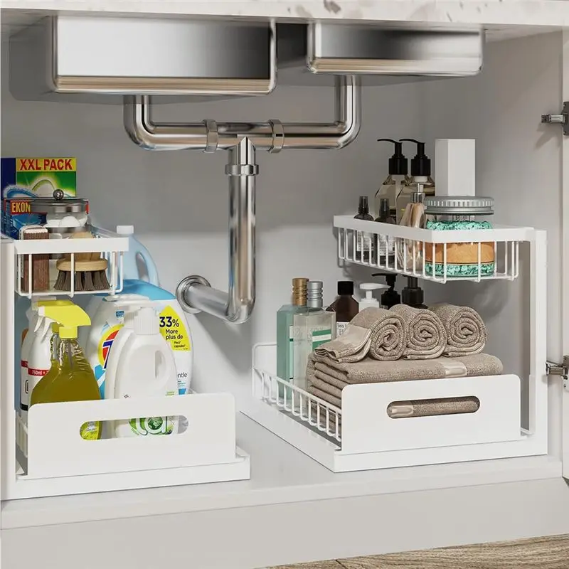 DT39 2 Tier Pull Out Cabinet Organizer, Under Sink Slide Out Shelf Storage for Kitchen Bathroom, Heavy Duty Metal Rack