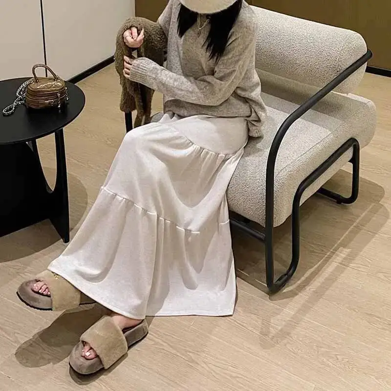 

High Waisted Spliced Knitted For Women Autumn Winter Thicken Drooping Long Skirt Female Elegant Solid A Line Midi Skirts