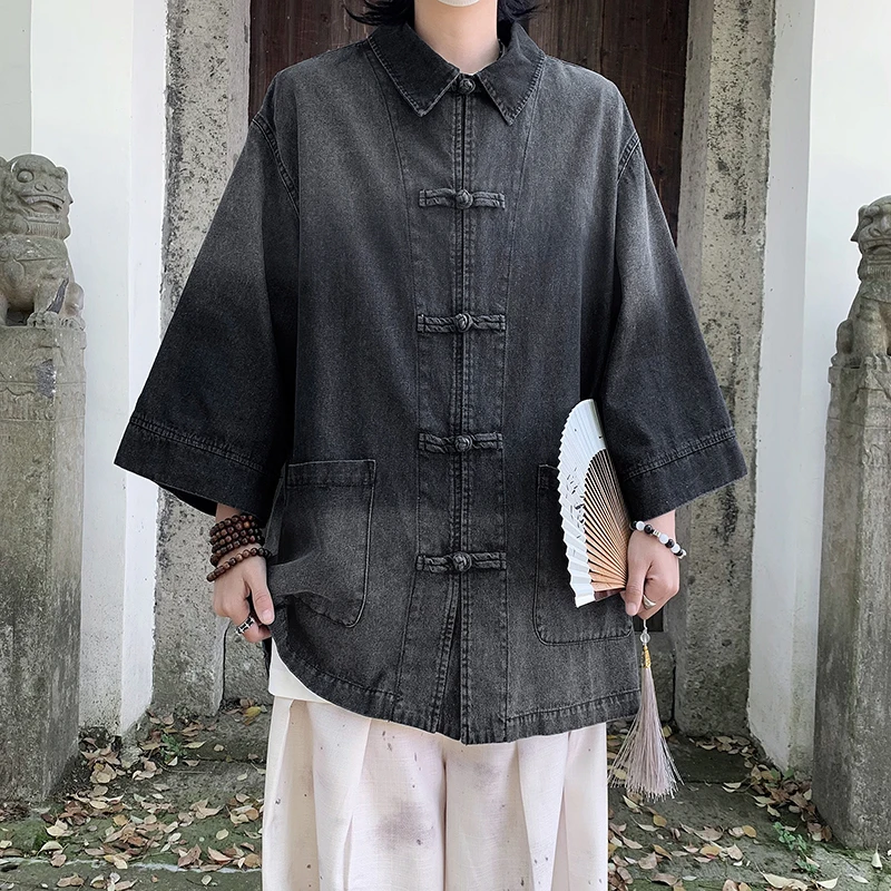 

New Chinese Sle Water Waed Vintage Men's Denim irt Jaet Loose Fit Retro Button down adient Color Casual Top