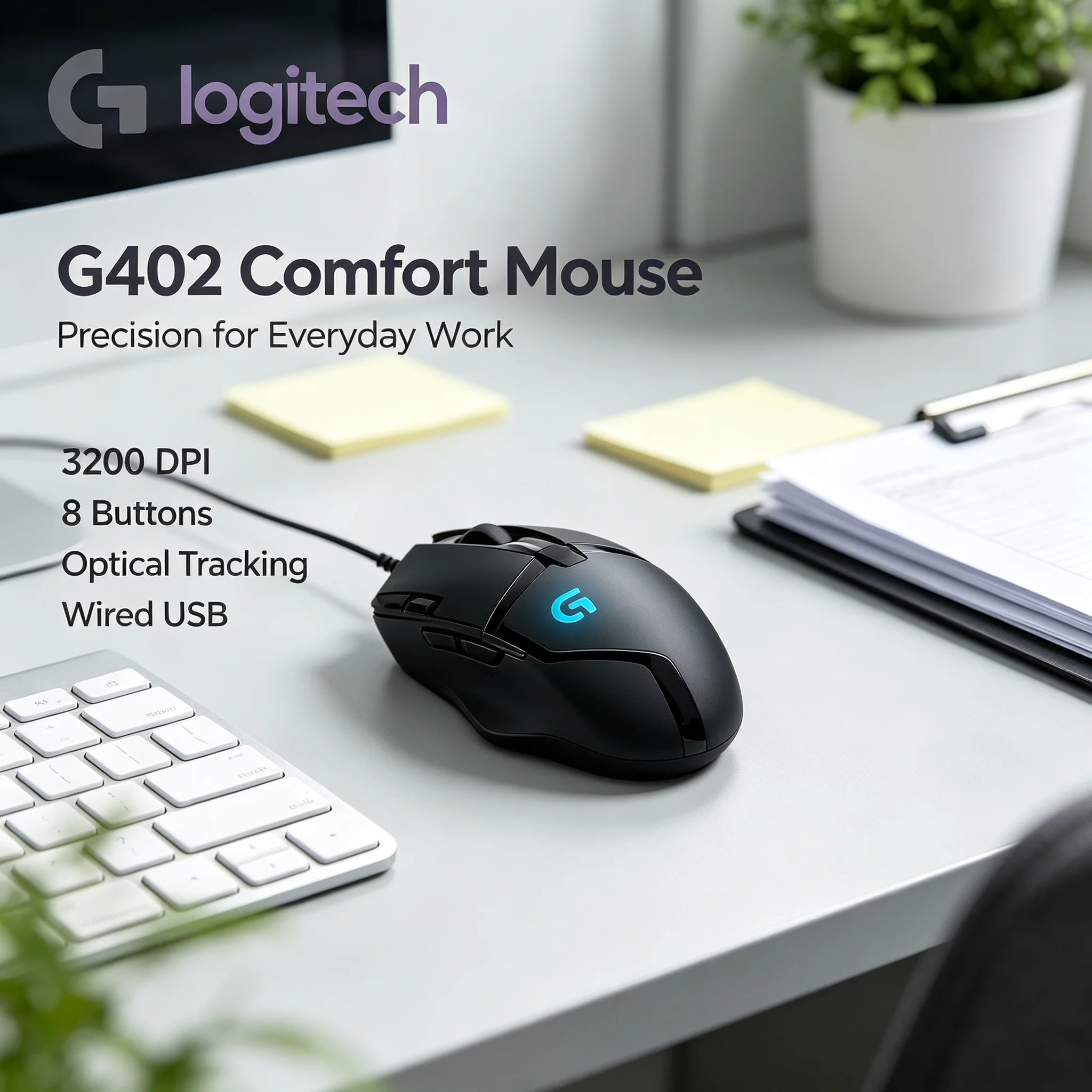 Logitech G402 Wired Gaming Mouse Fast DPI On‑The‑Fly Switching RGB Lighting 8 Programmable Buttons For PC Laptop Gaming Player M