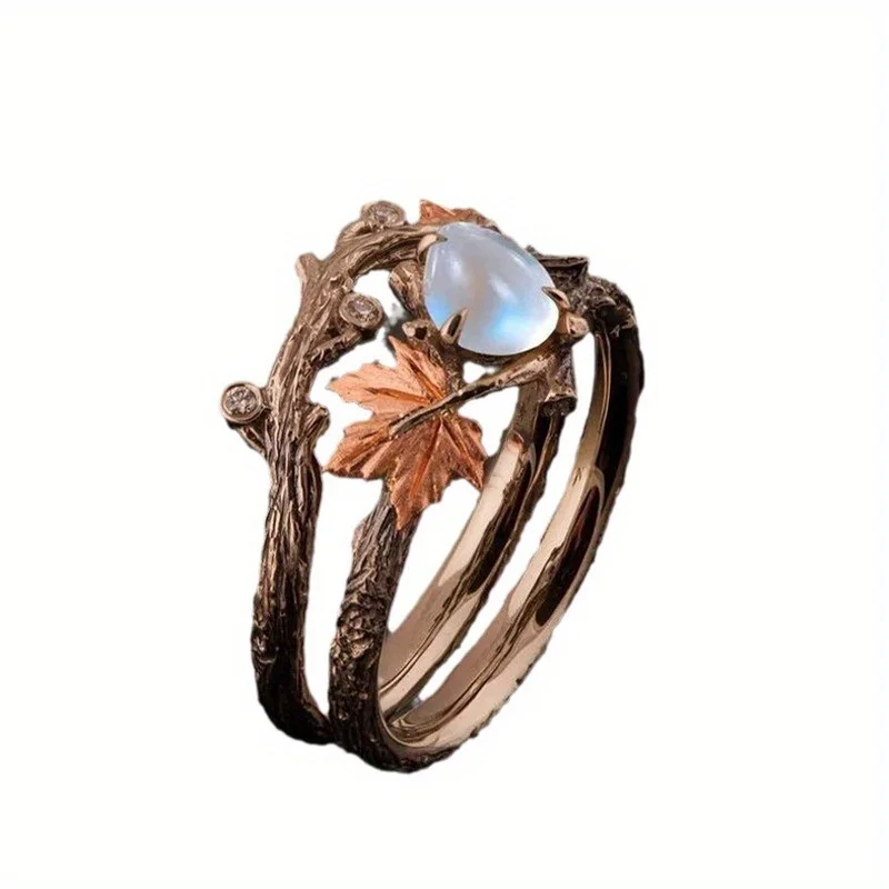 1pcs Vintage Maple Leaf Moonstone Ring Perfect for Daily Wear & Parties image 4