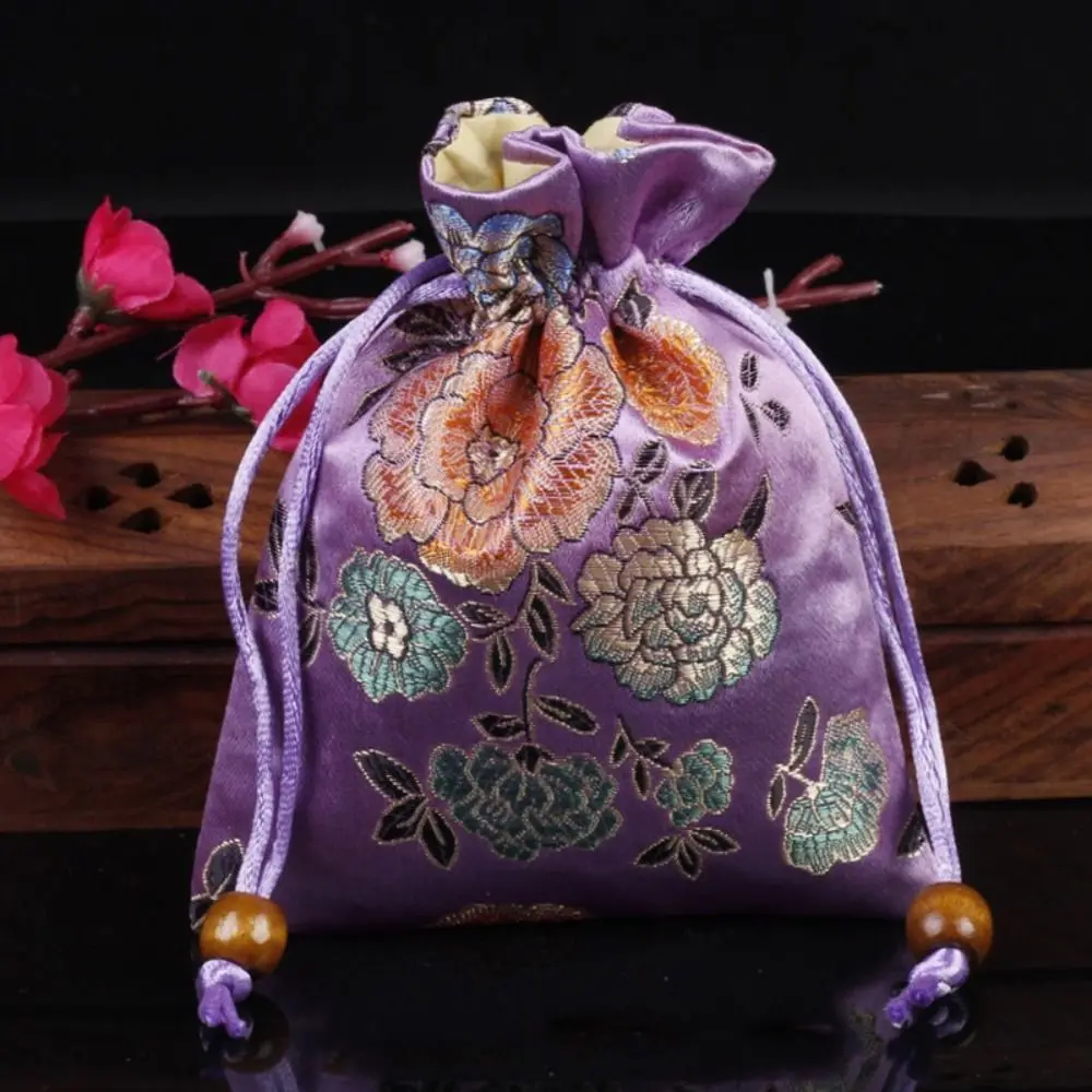 Chinese Style Embroidery Flower Drawstring Bag Floral Coin Purse Canvas Flower Handbag Candy Bag Large Capacity