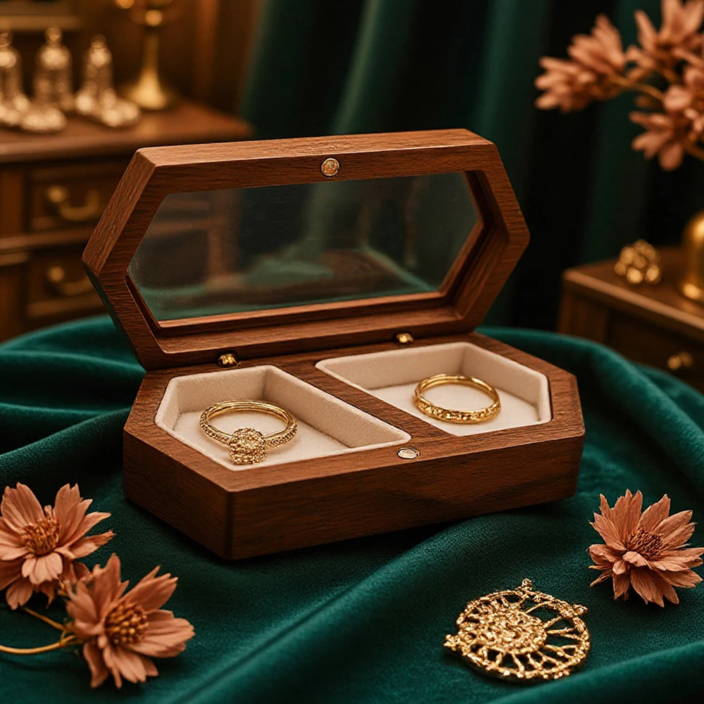 Caja de Anillos Hexagonal de Madera Vintage para Hombre y Mujer, Organizador de Joyas de Lujo con Forro de Terciopelo, Porta Anillos de Compromiso, Regalo de Propuesta