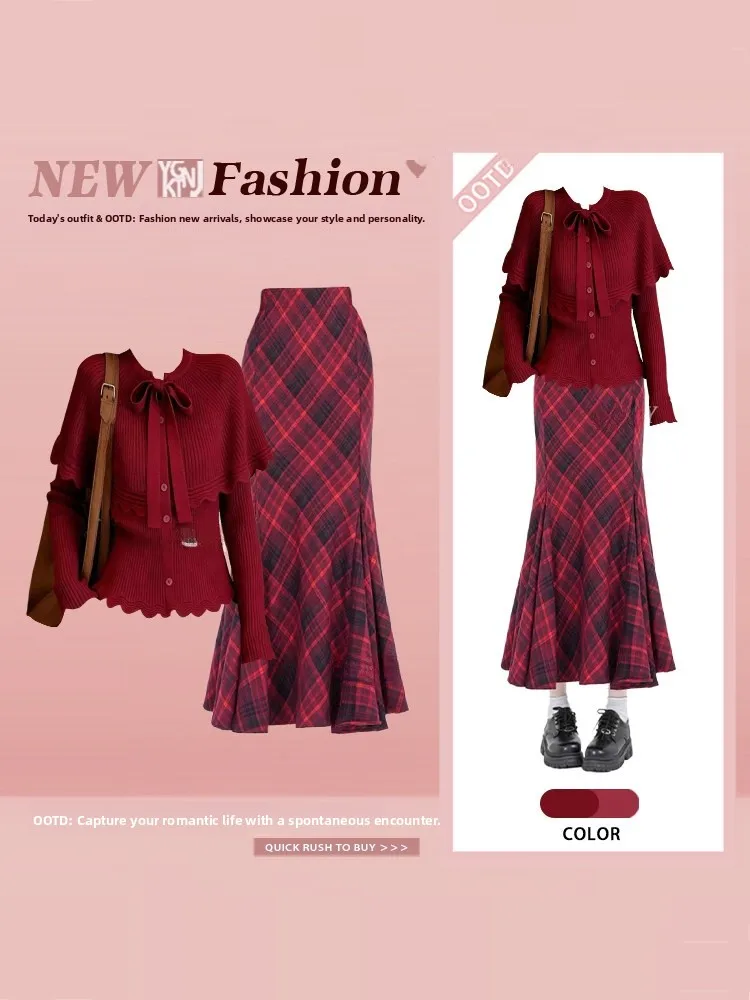 

Новогодний красный вязаный свитер-накидка и юбка-рыбка в клетку, комплект из двух предметов, женский, 2026, новый модный ансамбль