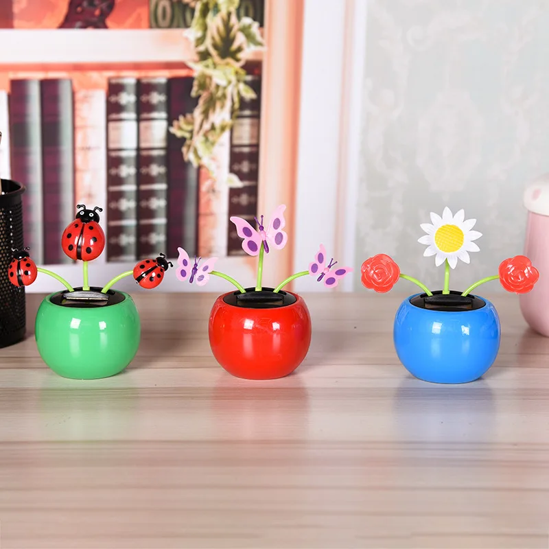 Children Solar Toys Cute Flower Butterfly Bee Swinging Doll Solar Car Ornament Creative Cartoon Flower Solar Car Decoration