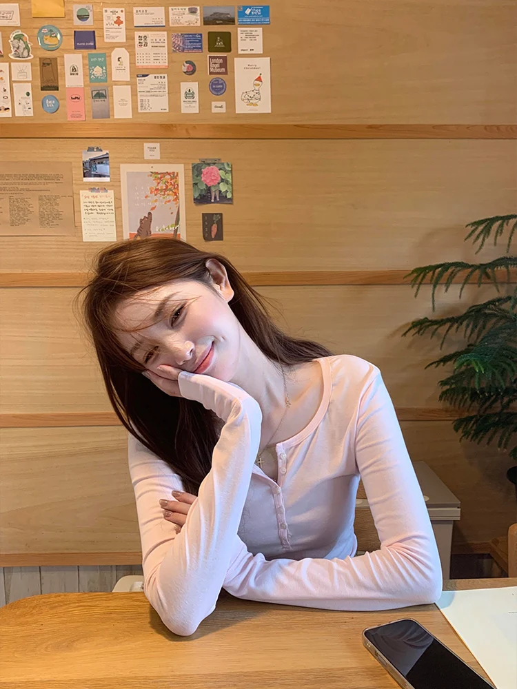 Slim Fit largo Sve Henry Collar Base irt ropa interior camiseta para mujeres coreano Sle Pure Desire otoño Top BM tendencia