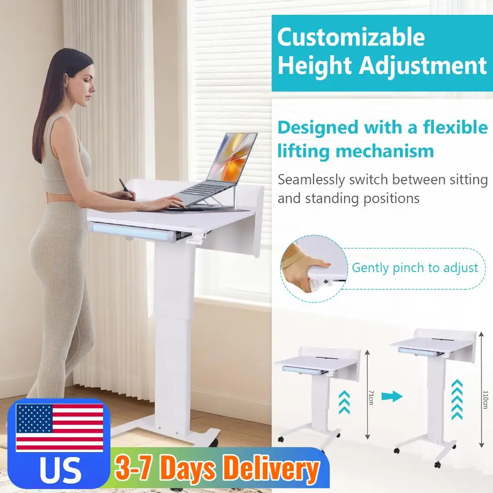 

Mobile Standing Desk with Wheels Portable Stand Up Desk Adjustable Height with Storage Tray for Presentations & Public Speaking