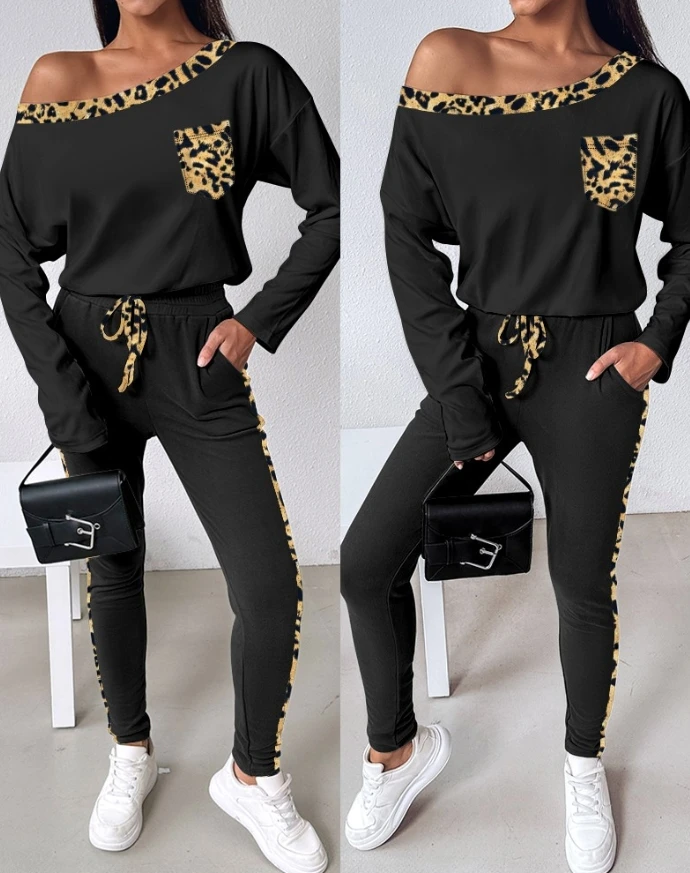 

Women 2 Pieces Pants Casual Rhinestone Leopard Print Colorblock Off Shoulder Long Sleeve Tee Top and Drawstring Skinny Pants Set