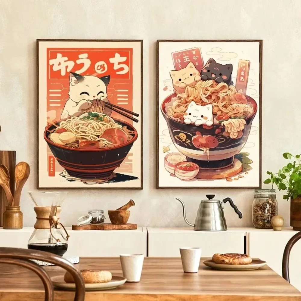 Noodle Food Kawaii japonés Lamian fideos Animal gato cartel lienzo pintura e impresión pared cocina habitación decoración del hogar