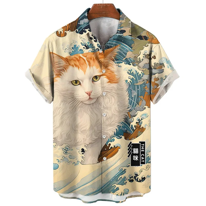 Men\'s Shirt Japanese Cat 3D Print Men\'s Clothing 2024 Summer New Casual Hawaii Beach Hawaiian Harajuku Fashion Holiday Shirt