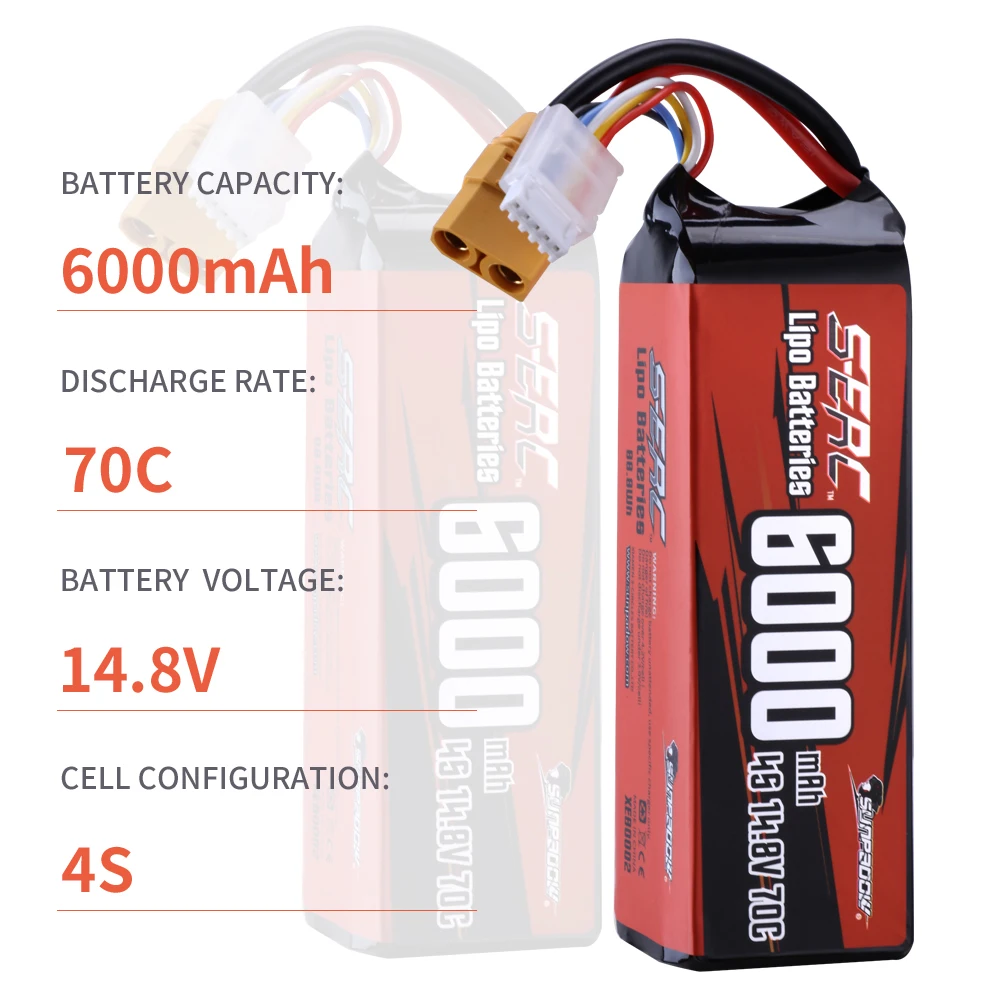 SUNPADOW 4S Batteria Lipo ricaricabile 14.8V 6000mAh 70C Soft Pack con XT90 per RC Buggy Truggy Veicoli Auto Barca Camion Serbatoio