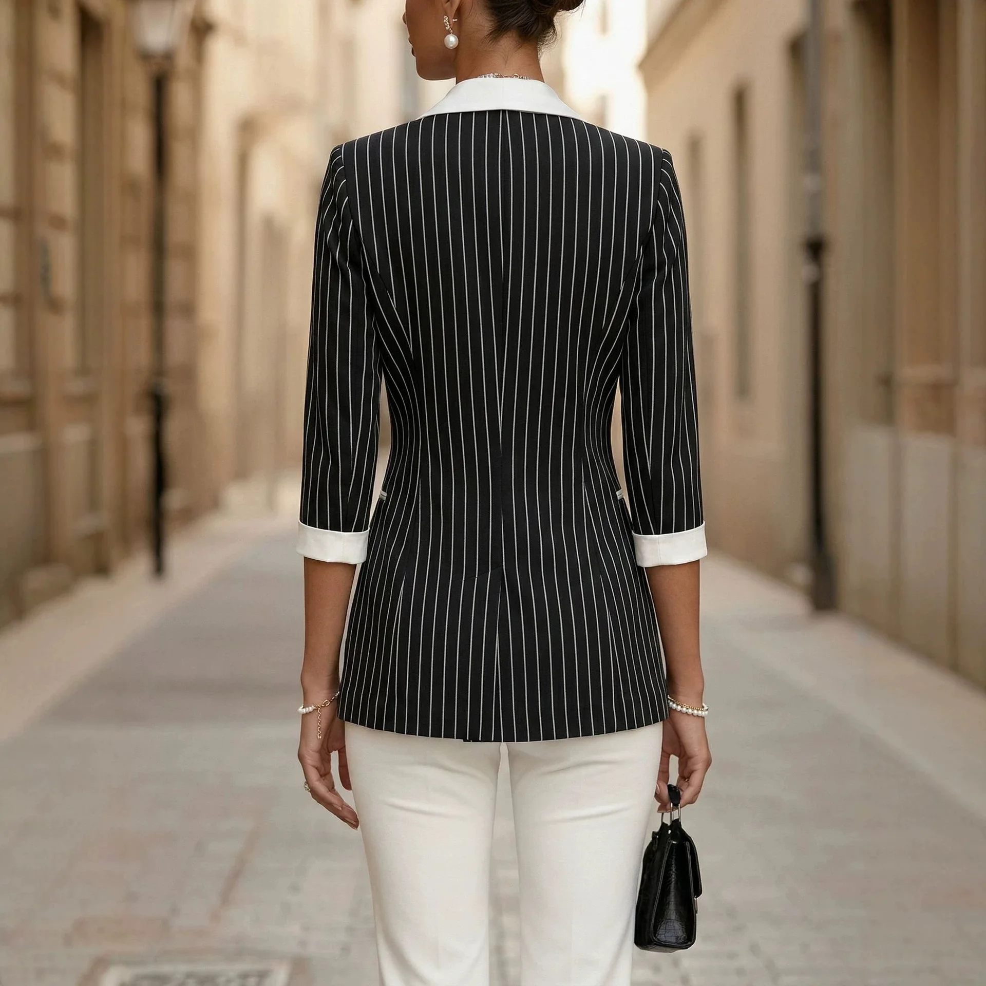 Black White Slim Stripe Color Block Turn-down Collar Double-breasted Seven-quarter Sleeve Suit Jacket for Women 2026 Spring T...