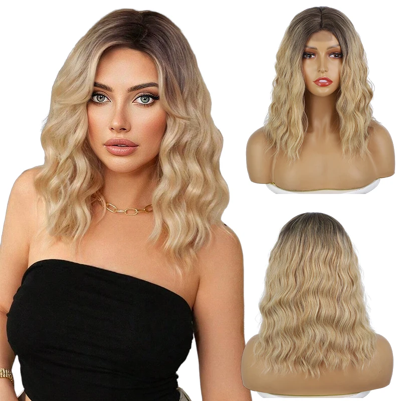 

Synthetic Natural Wave Bob Wigs for Women 14 Inch Blonde Curly Middle Part Wig Shourld Length Ombre Wavy Bob Wig Lolita Cosplay