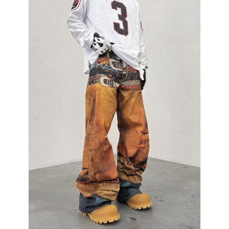 American Street Style Cargo 3D Print Multi-Waist Hole Ripped Wide Leg Men's Women's Jeans Casual Straight Cut Resistant Shrin...