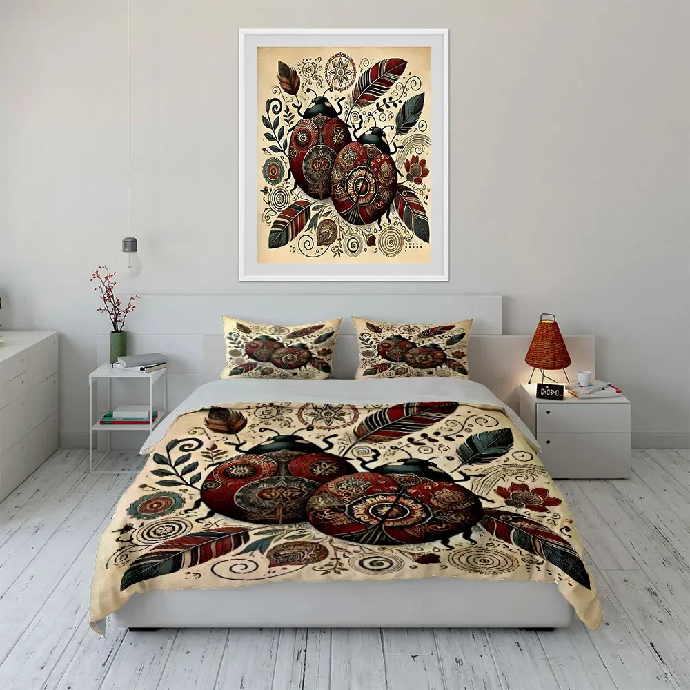 Bohemian Ladybug Artwork Decor Bedding Set with 1 Duvet Cover 2 Pillowcases Single Double King Queen, Gift