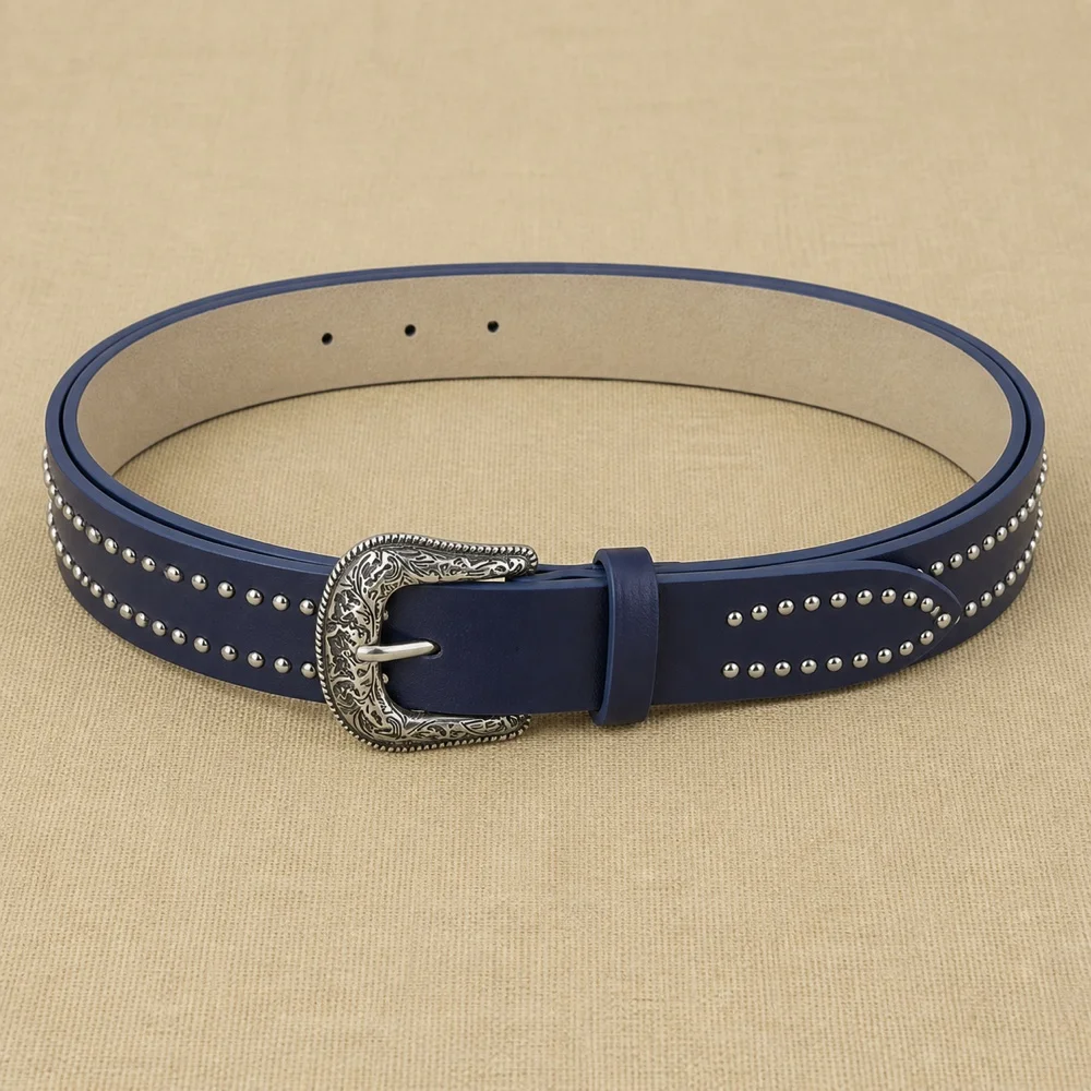 Blue Gemstone PU Belt Multiple Length Choices Statement Buckle Jeans Trousers Costume Styling Daily Wear Fashion Waist Durable