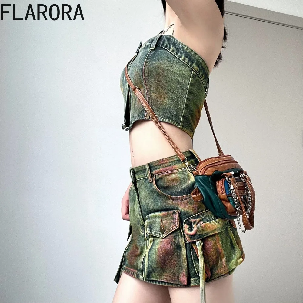 FLARORA Vintage Tie Dye Washed Two Piece Set Woman Sexy Halter Tops And Pocket Denim Mini Skirts Outfits Female Punk Clothing