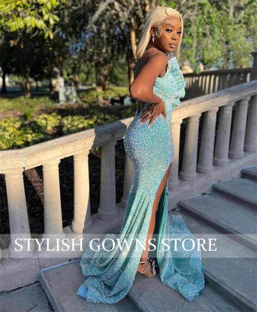 Sparkly Lake Blauw O Hals Lange Prom Jurken Voor Zwarte Meisjes Lovertjes Avondjurken Ruches Formele Kleding Kralen Hoge Split robe De