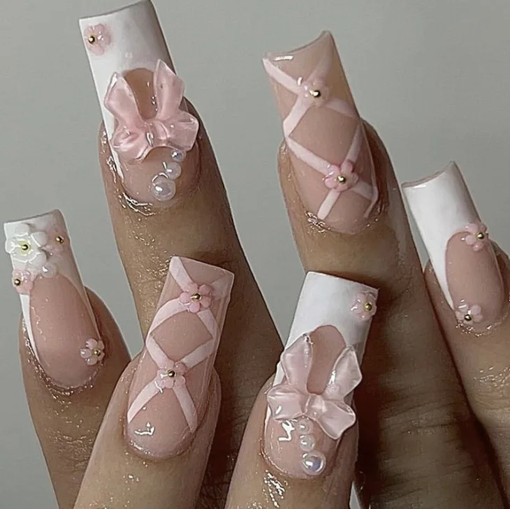 Sweet White French Press on Nails 3D Pink Bow Floral Pearl Crisscross Line Cute Long Square Removable Fake Nails for Women Girls