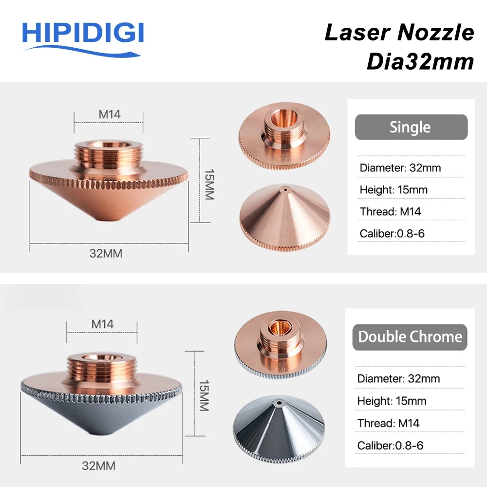 Raytools Fiber Laser Nozzle Dia.32mm M14 Caliber 0.8-6.0mm Single Double Layer Chrome Laser Nozzles for Fiber Cutting Machine