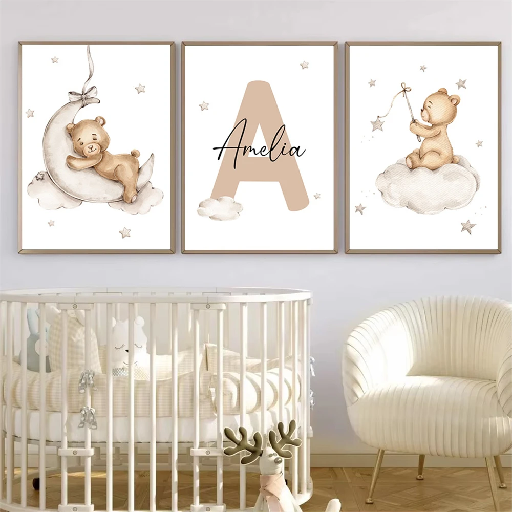 Cartoon Custom Bear Canvas Print Baby Personalized Name Posters And Prints Nursery Wall Art Painting Pictures Kids Room Decor - Image 2
