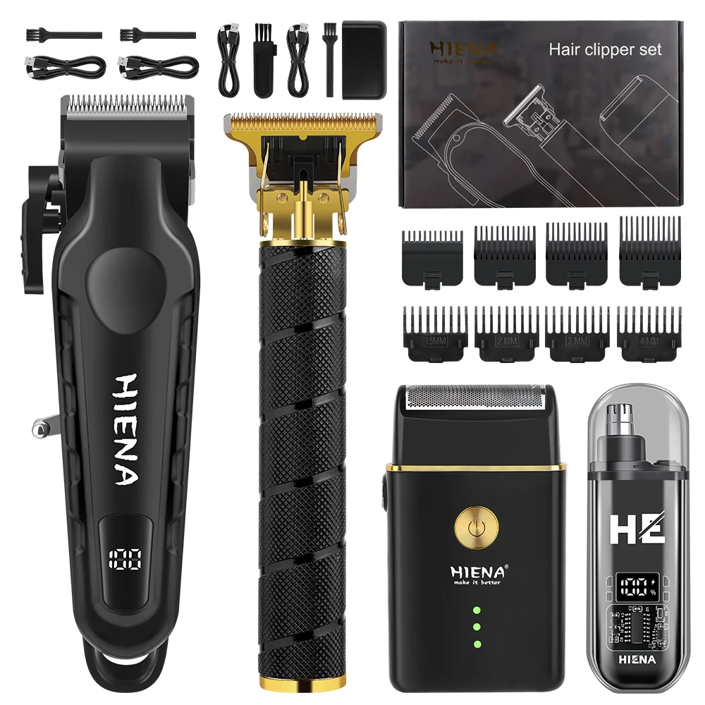 

HIENA 4-in-1 Hair Clipper Set Cordless Barber Trimmer Kit with Shaver Nose Trimmer LED Display USB Grooming Tools for Men