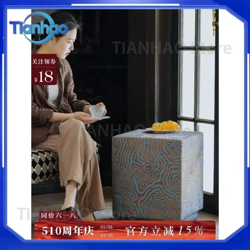 Coffee Table for Family Romance Golden Blue Qimeng Fabric Medieval Living Room Retro Striped Nordic Soft Bag Decoration Edge