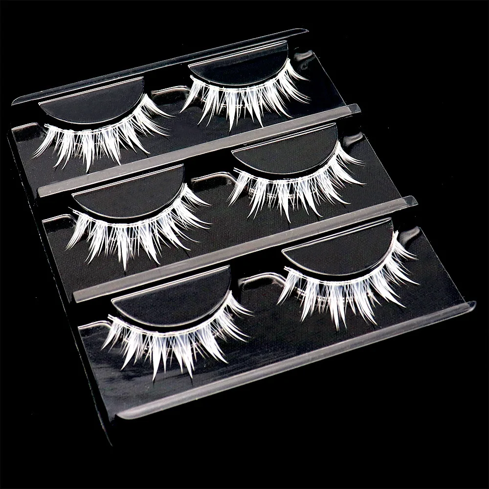 3 Pairs Fluffy Lace White Eyelashes 3D Natural Colored Artificial Vegan Silk Eye Lashes For Cosplay Halloween Makeup Party