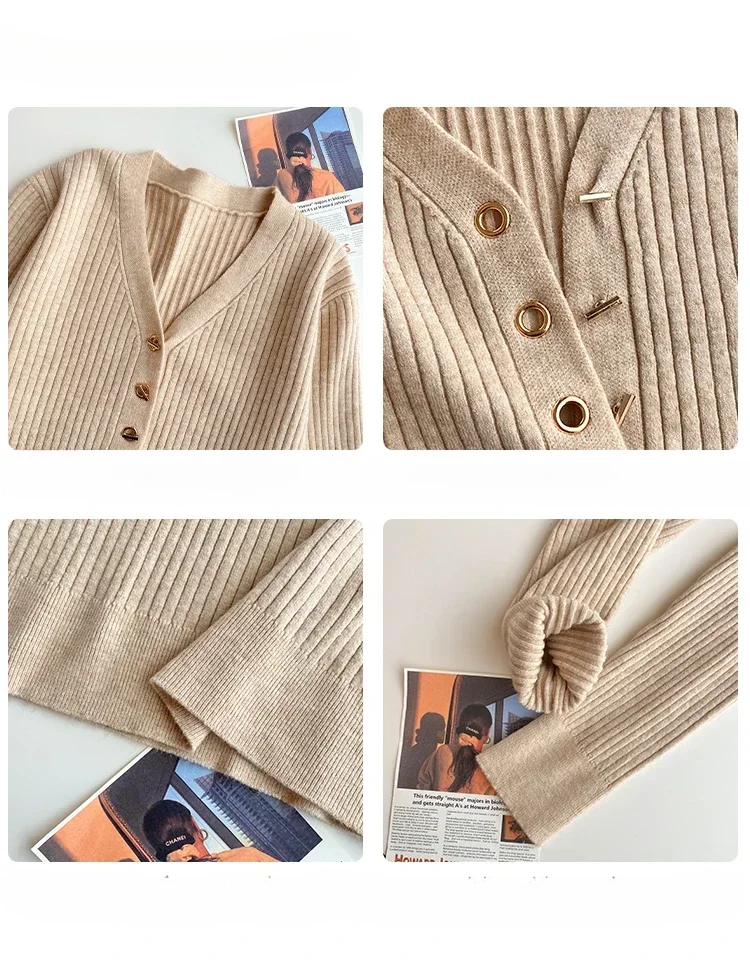 2025 الخريف الشتاء النساء البلوزات عادية سليم زر بلوفر مغزول سترة فام الأساسية الصلبة جيرسي القمم موضة الملابس #6