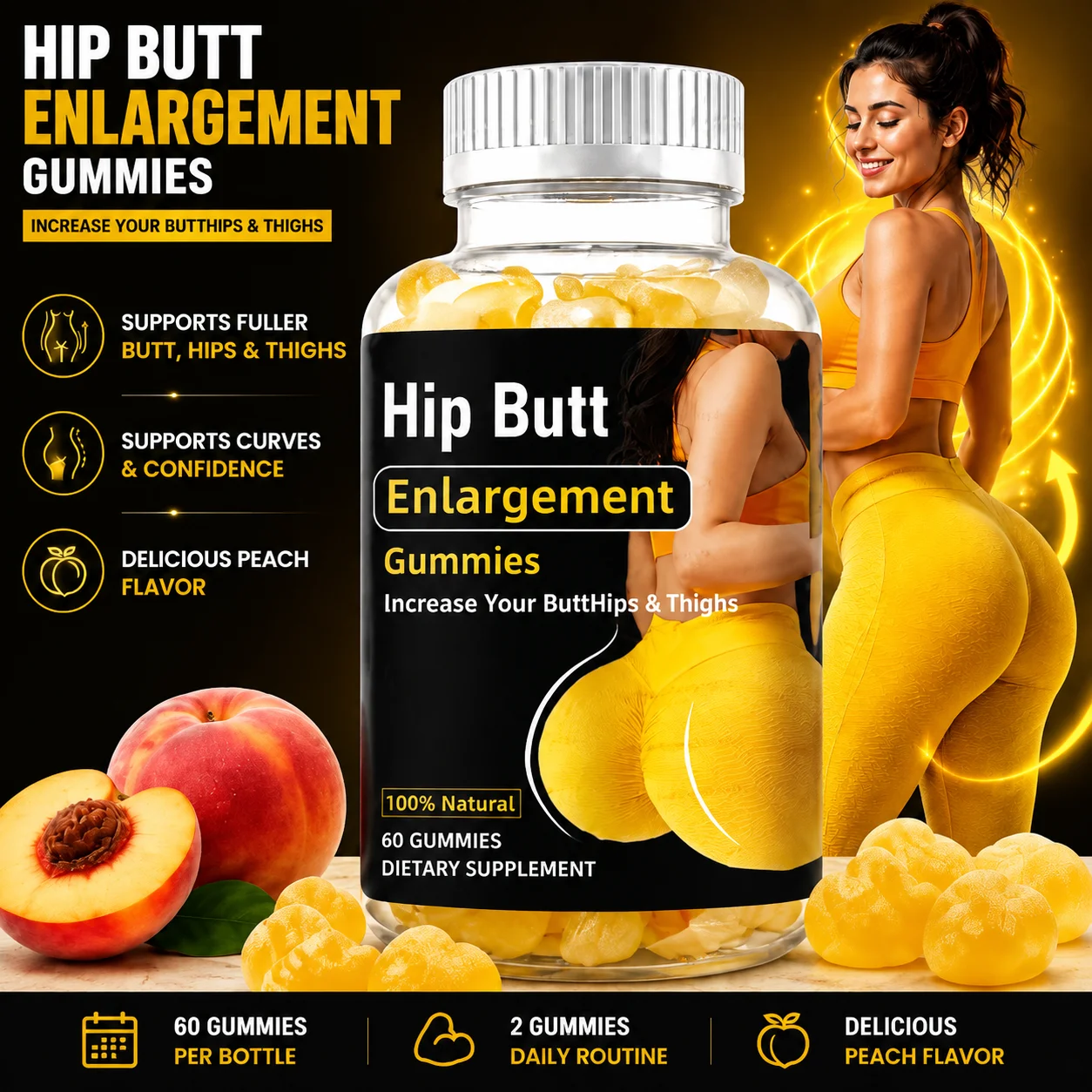 Hip Butt Enlargement Gummies with Natural Volume & Curves for Butt, Hips & Thighs Support, Adults, 60 Delicious Peach Gummies