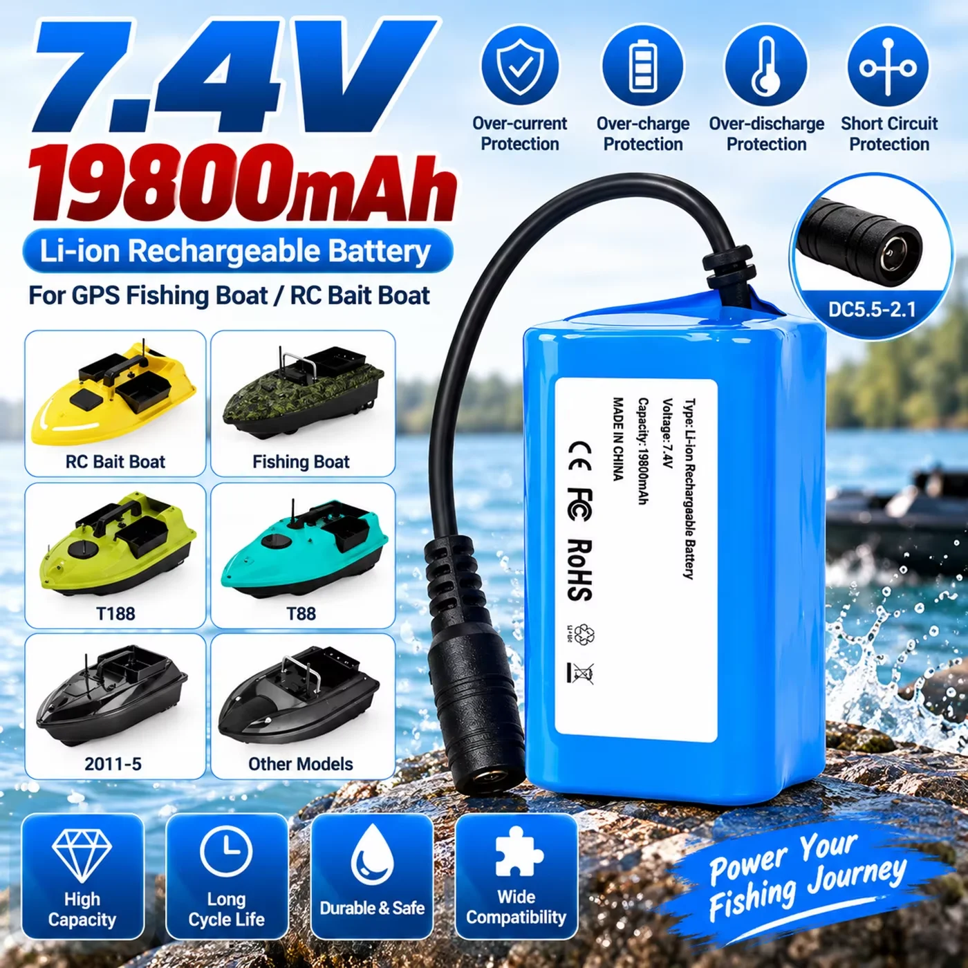 Aleaivy 7.4V 19800mAh Li-ion Battery Pack for RC Fishing Bait Boat T188 T888 2011-5 V007 C18 H18 V18 D18B FX88 Fast Delivery