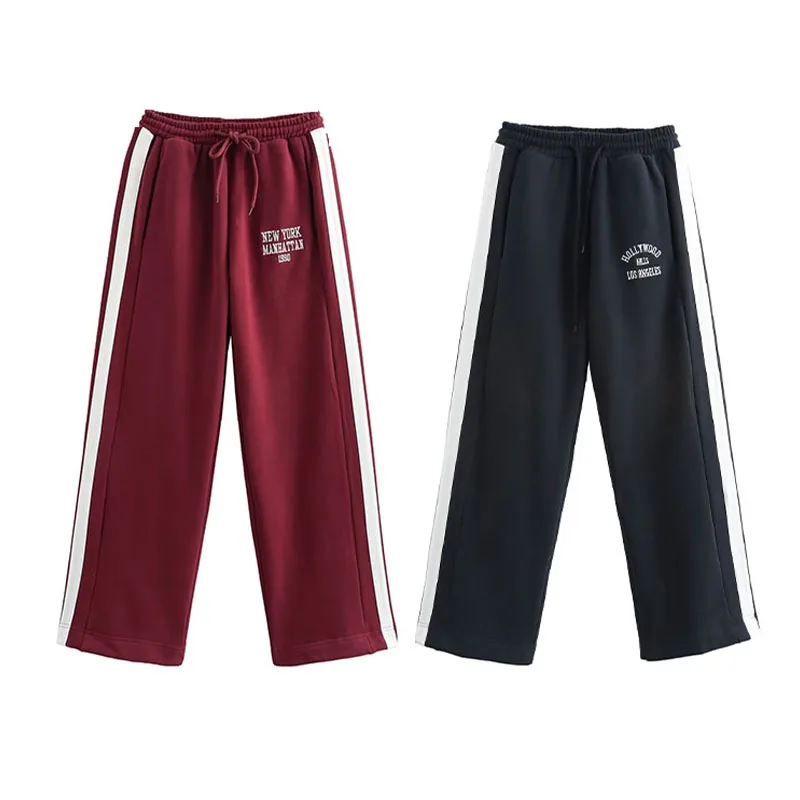 トラフザ-女性用サイドストライプベルベットパンツ,用途の広いパンツ,カジュアルなレースアップパンツ,スポーツスタイル,テキスト装飾,女性用ファッション